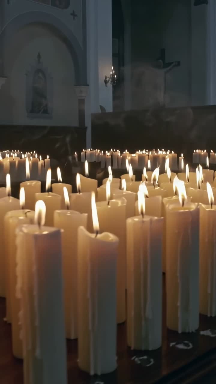 Video verticale: carrellata che rivela l'altare di una chiesa, con candele accese, fumo e crocifisso