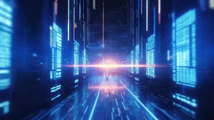 Corridoio digitale futuristico con flussi di dati luminosi e architettura cibernetica