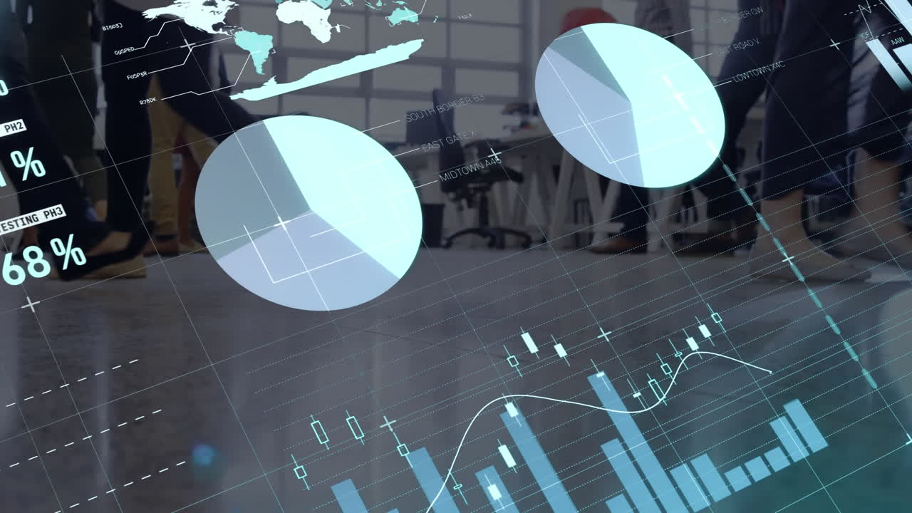 Animation of statistical data processing against low section of businesspeople walking at office