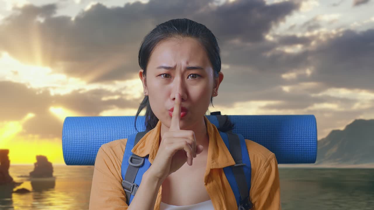 登山用バックパックを背負い、夕暮れ時のビーチに立ってカメラを見ながらシーッというジェスチャーをするアジア人女性ハイカーのクローズアップ