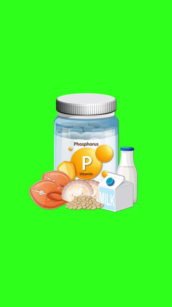 Phosphorus vitamin bottle with nuts, milk, and cauliflower appears, smoothly arranged on green background