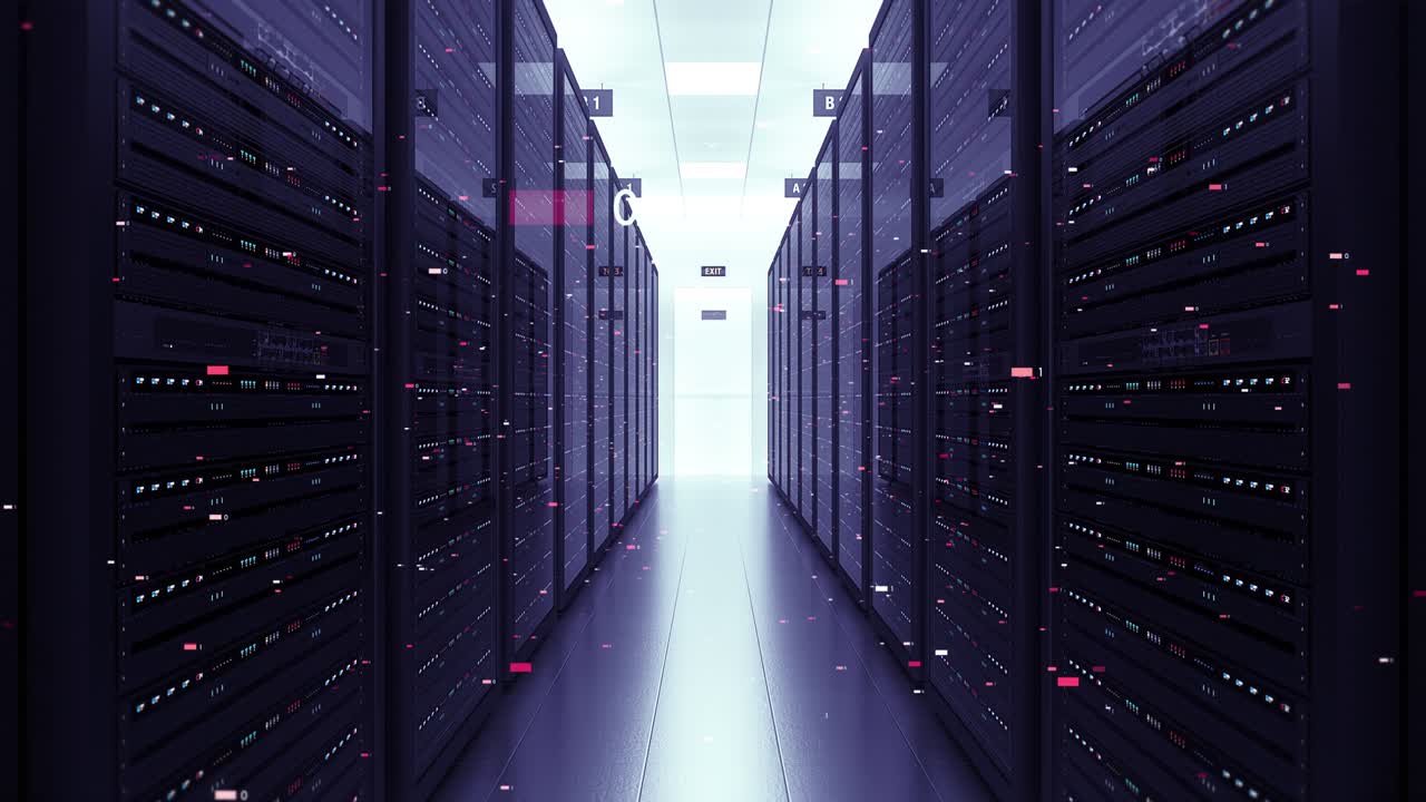 Modern Server Room Environment. Computer Racks. Futuristic Data Center. Loop.