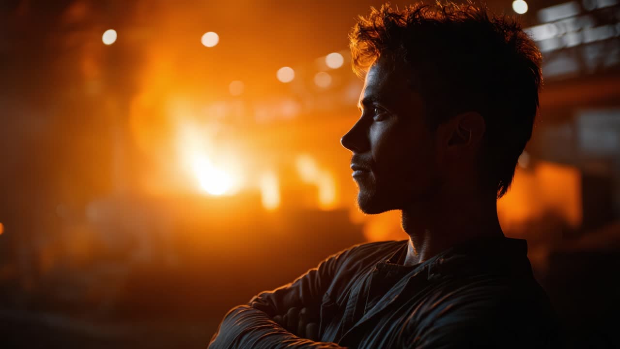 A contemplative figure stands in silhouette against a backdrop of fiery industrial lights, capturing a moment of introspection amidst the heavy machinery of the workshop