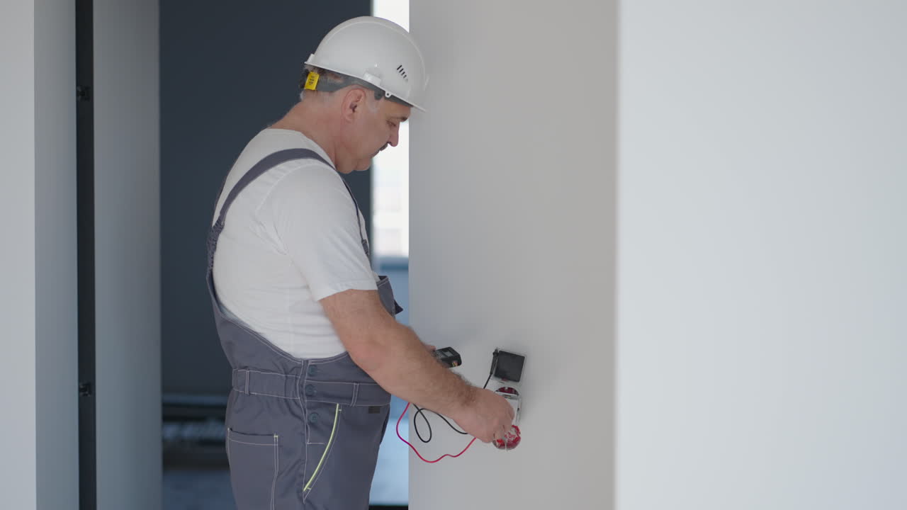 A man electrician in a helmet in the apartment checks the work of sockets and switches after repair