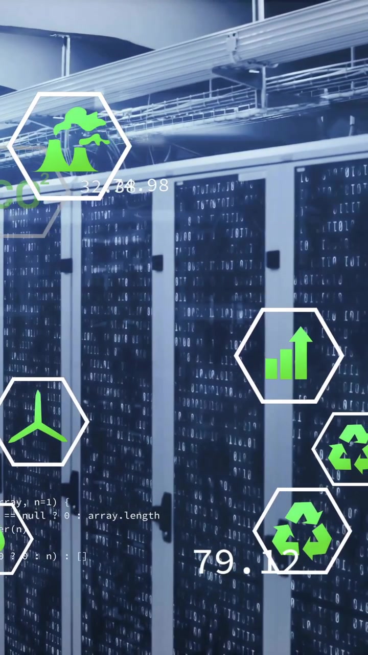 Animazione di eco-icone e elaborazione di dati digitali su server informatici