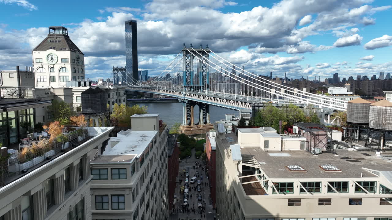 Flying Towards The Manhattan Bridge, Suspension Bridge In New York City Connecting Lower Manhattan With Downtown Brooklyn. Aerial Drone Shot