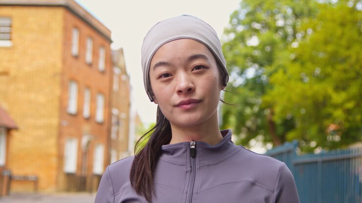 Close Up Portrait Of Young Woman Exercising About To Run Along Urban Street Wearing Wireless Earbuds 1