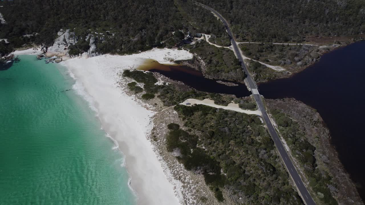 Sloop Lagoon With Taylors Beach In Tasmania, Australia - Aerial Drone Shot