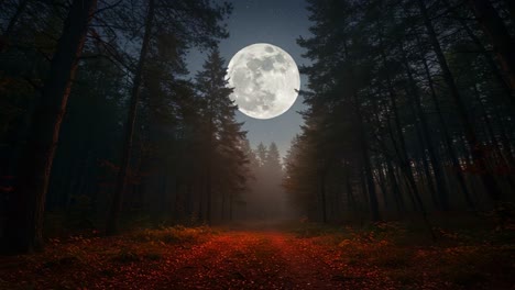 a serene night in the enchanted forest: a majestic full moon illuminates the path surrounded by tall trees and fallen leaves, creating a magical atmosphere