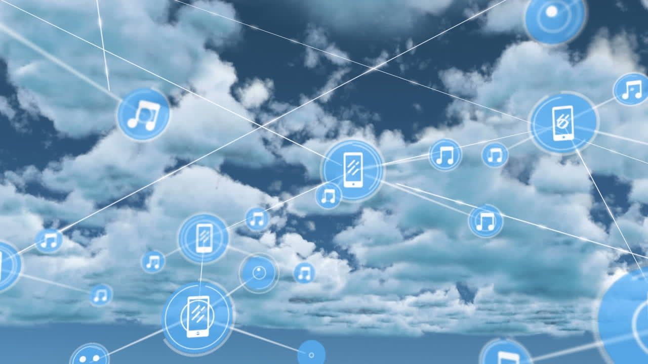 구름이 가득한 하늘 위의 아이콘과 연결된 네트워크