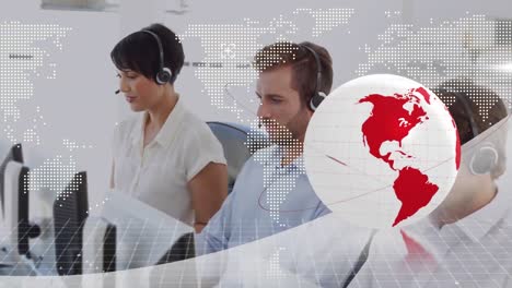 Animation-of-globe-and-world-map-over-business-people-wearing-headsets