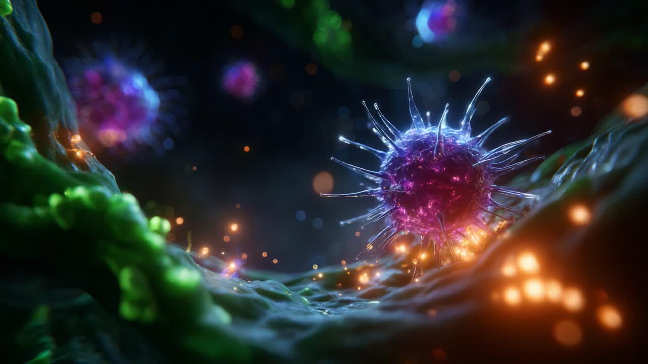 Microscopic View of Vibrant Cells in a Complex Environment Exhibiting Intricate Designs and Interactions with Colorful Light Effects