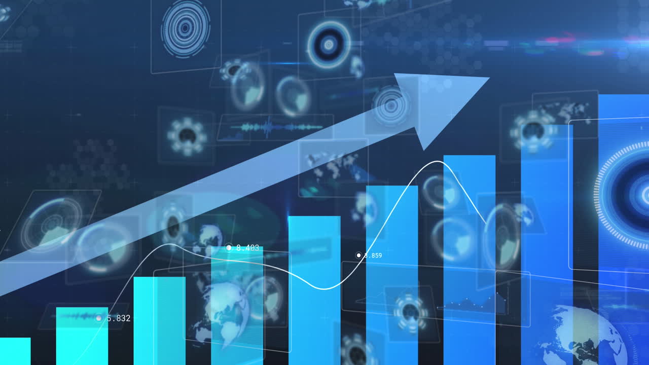 Animation of blue arrow pointing up, scopes scanning and data processing on screens over grid
