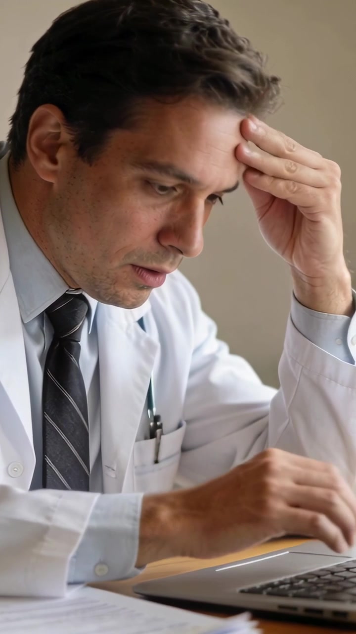 Video verticale: Medico in camice che apre una cartella clinica, legge dal laptop e dai fascicoli, con una penna sulla scrivania per diagnosticare.