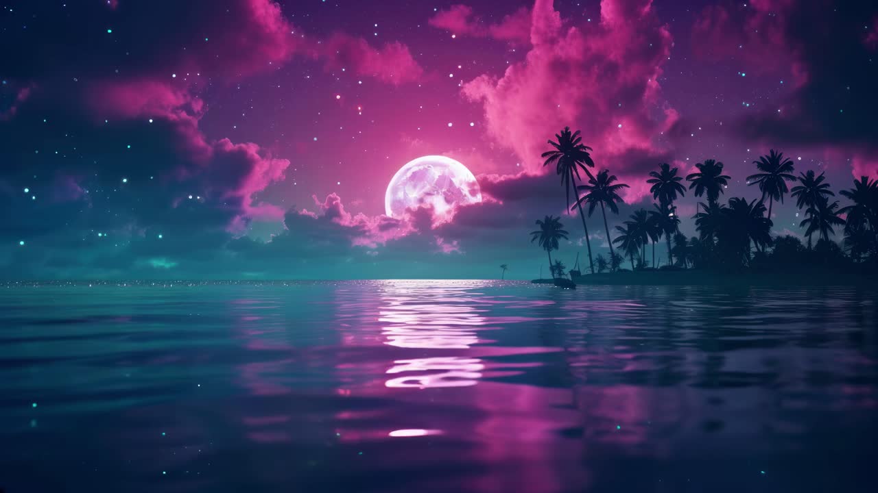 夜の熱帯のビーチの、魅惑的なローアングルの動画シーン。鮮やかなピンク色の月が出ています。