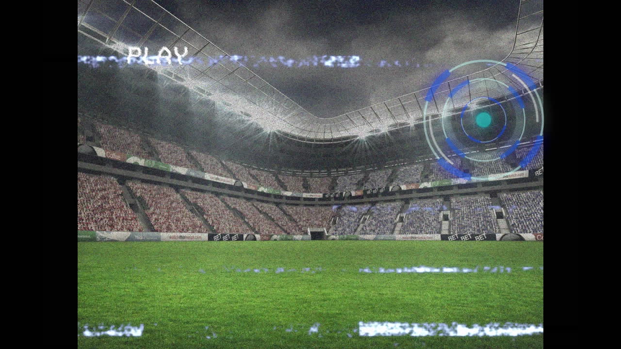 Animation of playback screen with distortion and scanner processing data over pitch at stadium