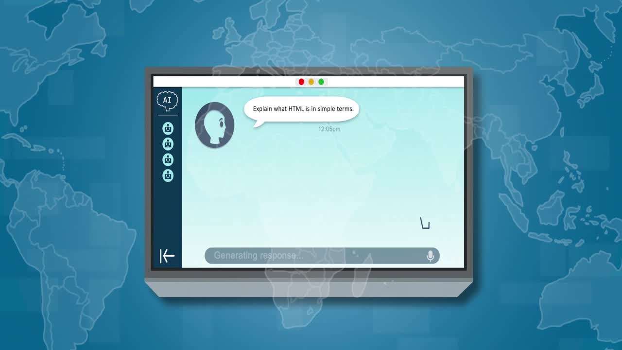 animación del procesamiento de datos de inteligencia artificial sobre pantalla y mapa del mundo.