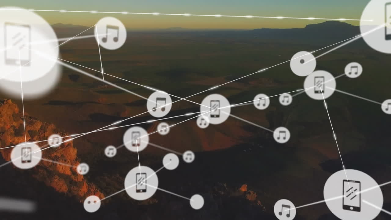 redes de conexiones con iconos sobre las montañas