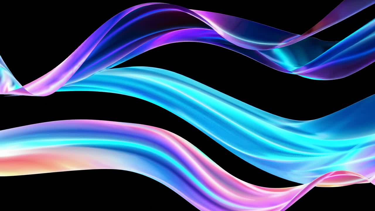 Abstract video of colorful, flowing ribbons on a black background, captured from a side angle