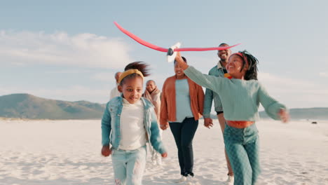 family, airplane and kids running on beach