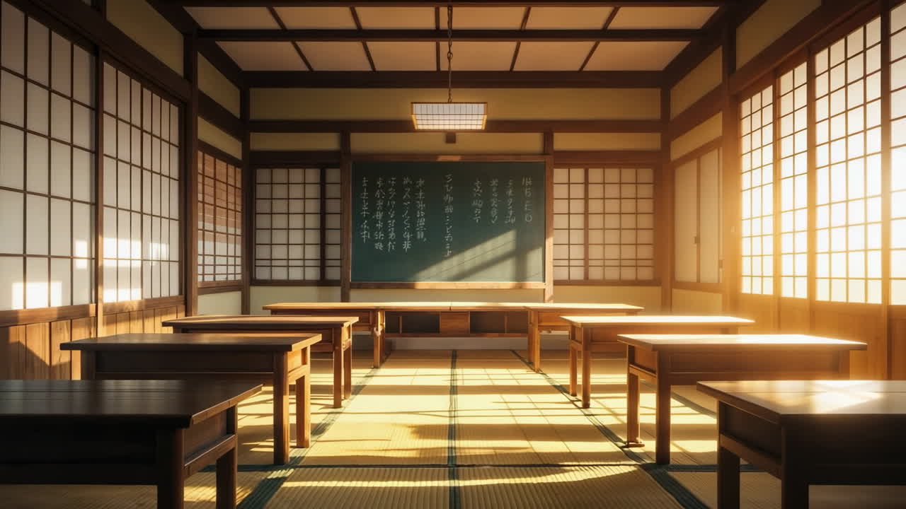 Empty Japanese Classroom with Sunlight