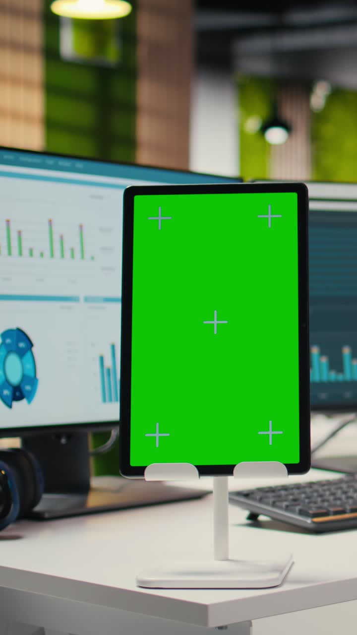 Vertical Video Empty corporate office includes analytics tools and mockup on tablet