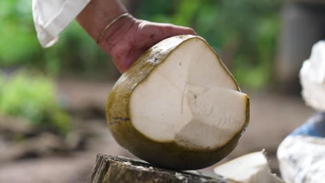 Close-Up-of-Opening-Coconut-with-Machete-Bill-Hook-Sharp-Knife,-Sharp-Knife-Cutting-Exterior-Shell-Husk-Virgin-Coconut,-Fresh-Green-Coconut