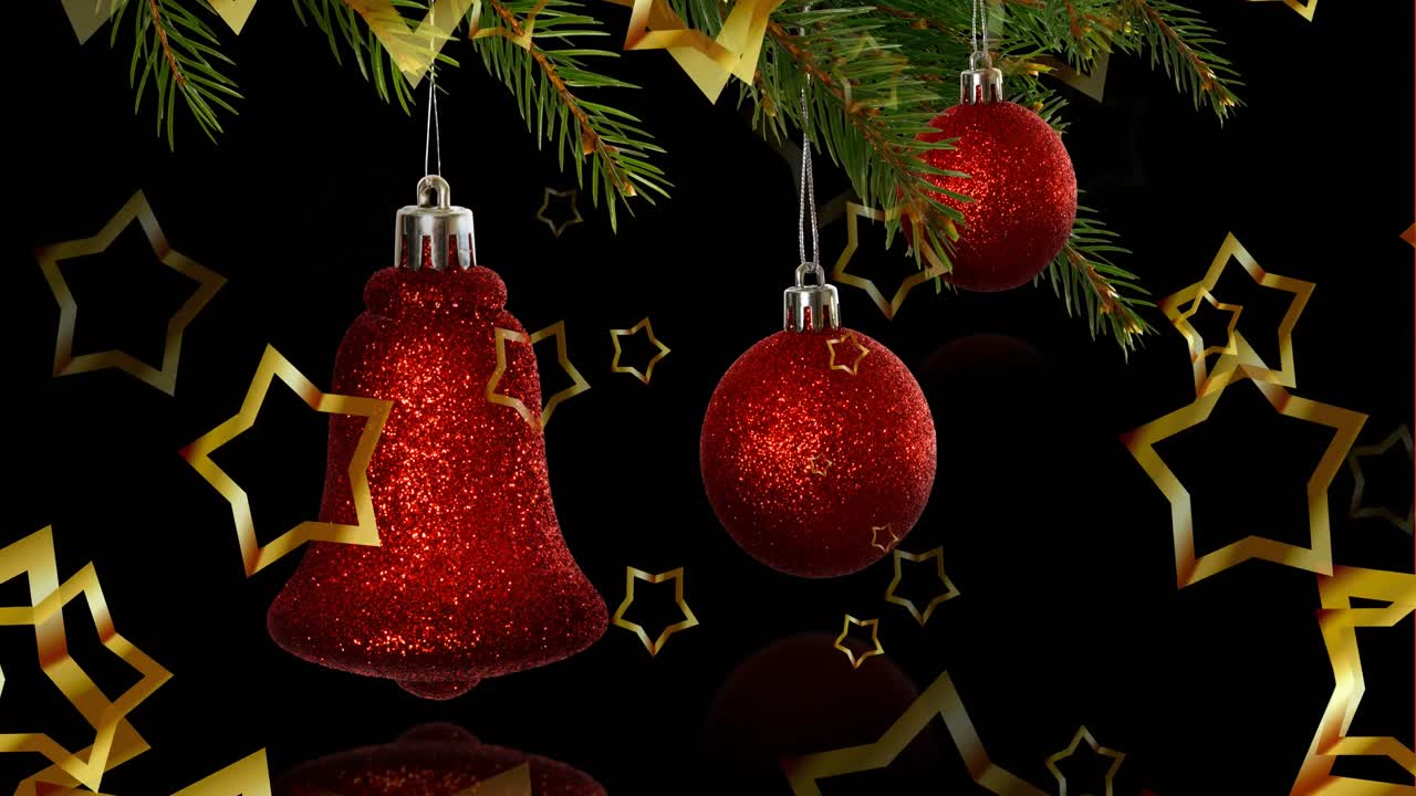 animación de estrellas doradas sobre bolas de navidad rojas sobre fondo negro