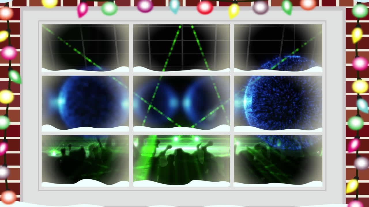 феи огни над оконной рамой против дискотеки огни над силуэтом танцующих людей