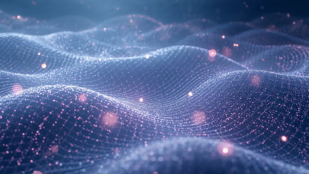Starting animation, wavy glowing mesh shifting across violet space with pink orbs, visualizing data