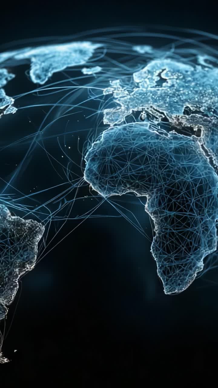 Detailed Digital Representation of Global Connectivity Featuring Intricate Network Lines Over an Artistic Globe, Highlighting Africa with Multicolored Elements
