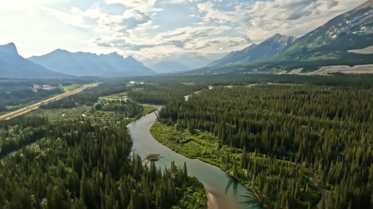 "FPV clip in reverse unveils the grandeur of a Canadian valley. The Bow River winds through lush green spruce trees, glowing under a soft sunlit sky, with scattered clouds adding depth to the scene.
