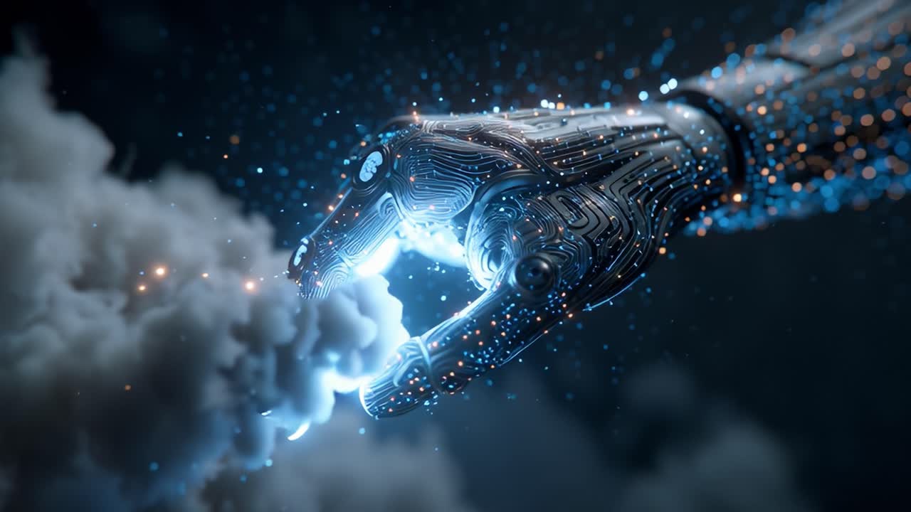 A Captivating Journey of Advanced Robotics: Exploring the Boundaries of Technology as a Futuristic Robotic Hand Reaches Out to Interact with Ethereal Clouds and Emitting Sparks of Light in a Mystical Atmosphere