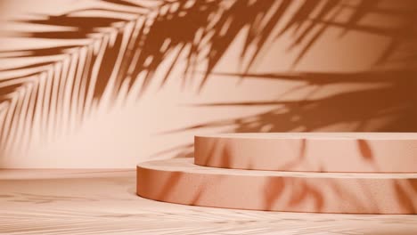 minimal round podium with tropical palm leaf shadows on beige background. natural sunlight overlay in studio setting. botanical and product display mockup. design for banner, invitation, postcard.