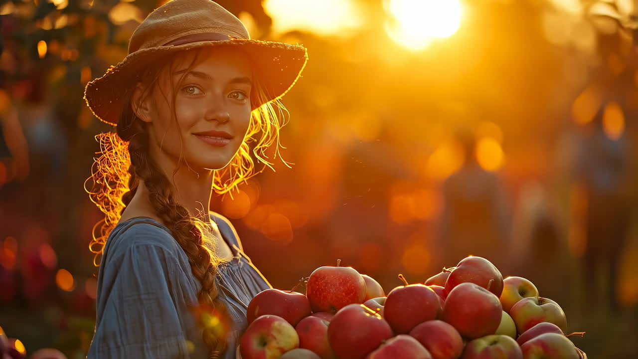Young woman gathers apples at sunset. A young woman with braids holds a basket of apples while standing in an orchard during sunset