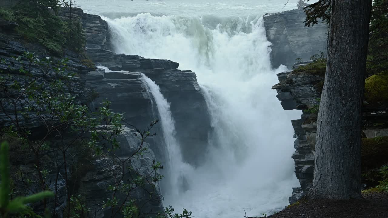 A large waterfall set is grey rocks with mist coming off the water. Trees can be seen in the foreground. Clip includes the sound of the waterfall.