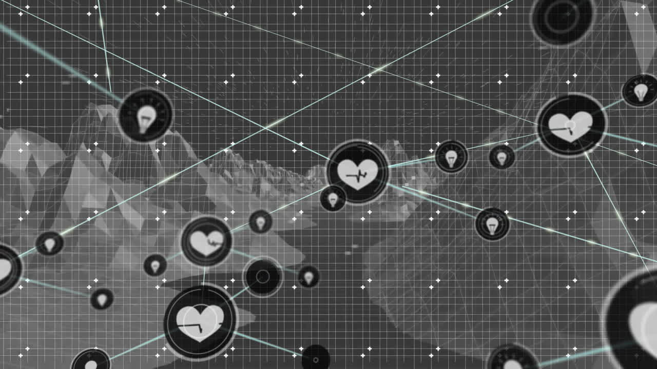 검은색 배경에 그리드 위의 아이콘으로 연결 네트워크의 애니메이션