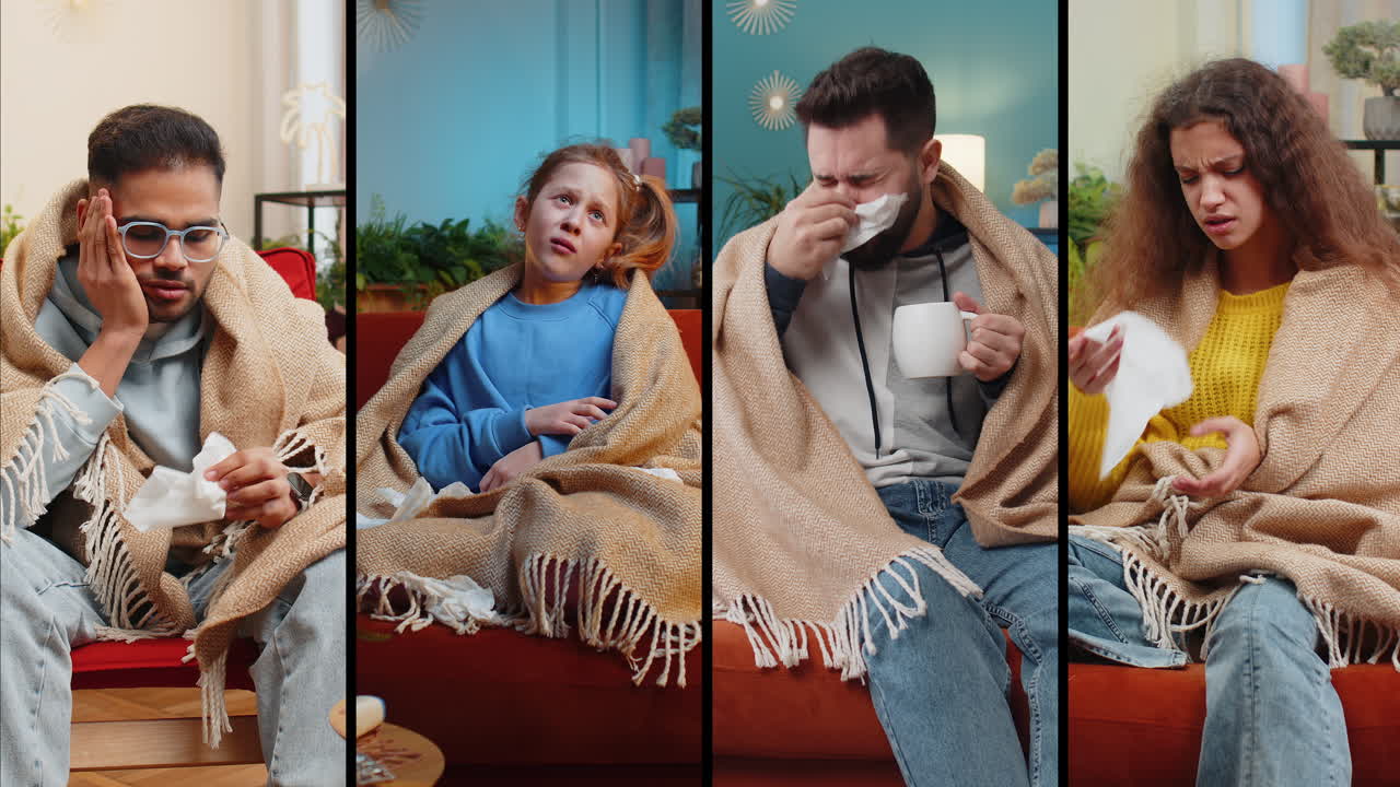Collage of ill sick men women children suffering from cold sneezes wipes snot into napkin at home