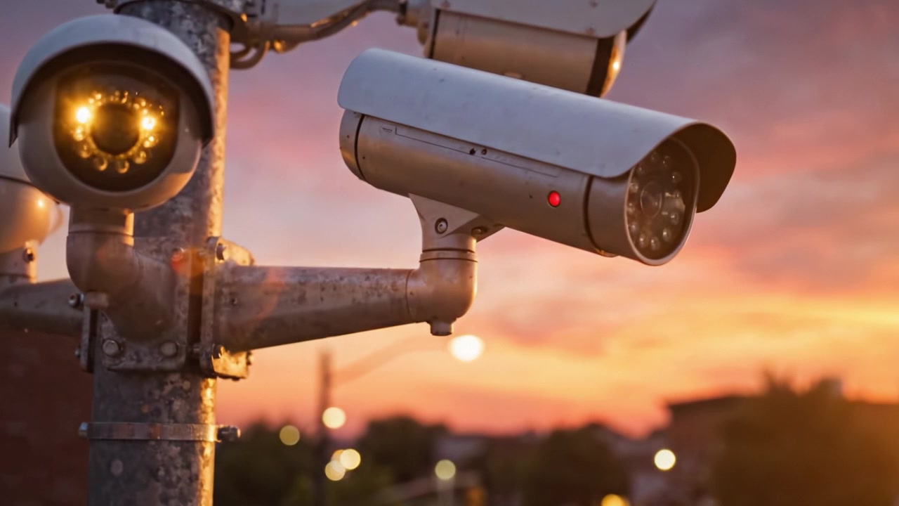 Surveillance Cameras Against a Vibrant Sunset Sky: A Visual Contrast of Modern Technology and Natural Beauty