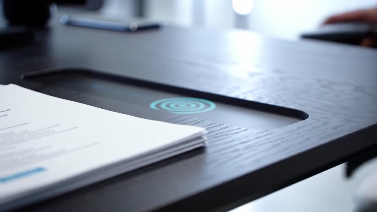 Modern Workspace Design Featuring Wireless Charging Desk with Papers and a Sleek Look, Showcasing a Hands-Free Charging Area in a Stylish Office Environment