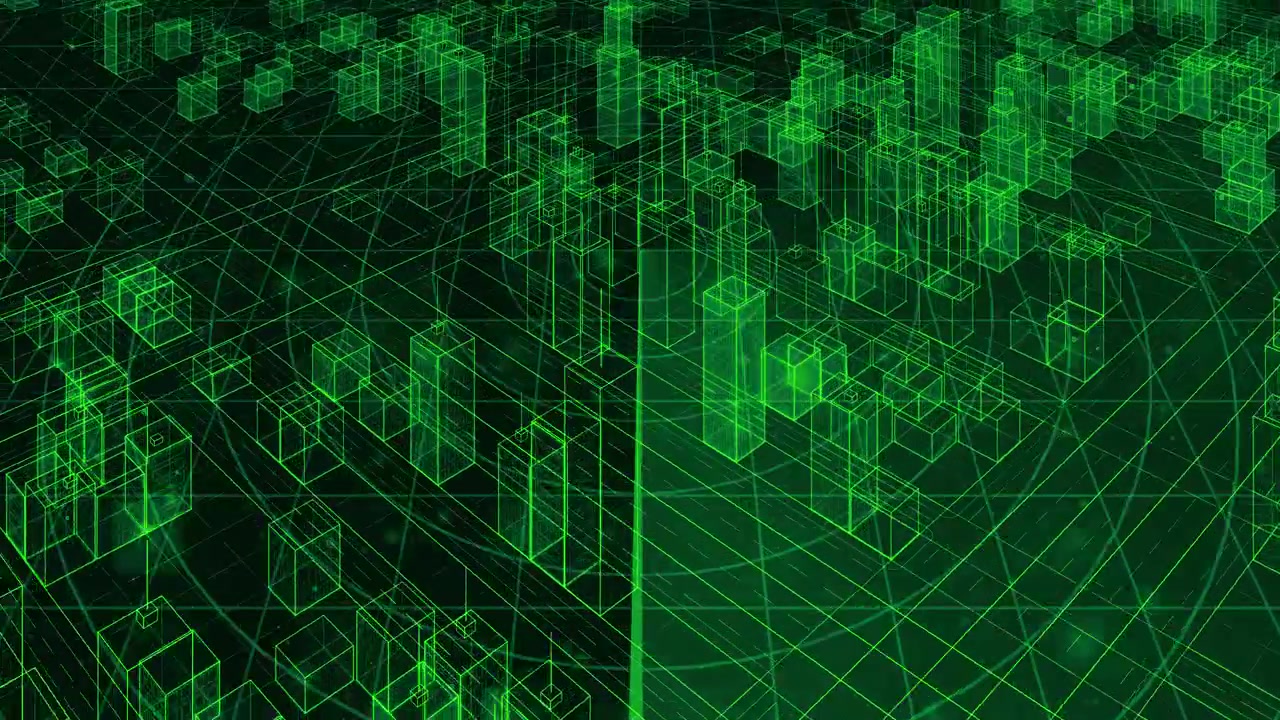 digital city with wireframe buildings and security scanning, dynamic cityscape with radar scanning ovarlay, futuristic urban network and surveillance data