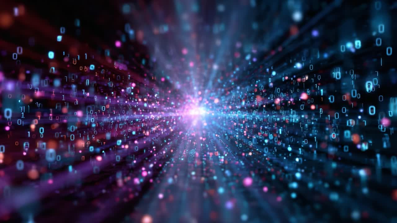 Una straordinaria rappresentazione visiva del flusso di dati con particelle rosa brillante, blu e viola che irradiano da una sorgente centrale in un dinamico regno digitale.