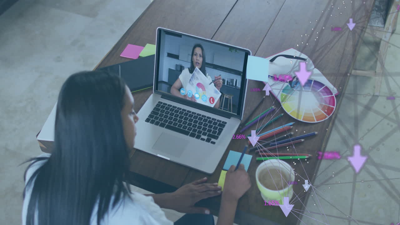 Participating in online meeting, woman using laptop with animation data visualization