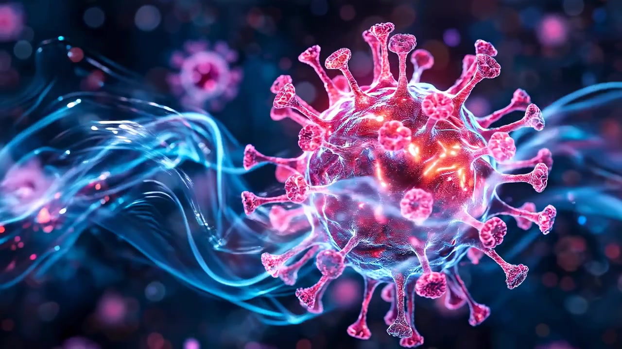 Virus su sfondo luminoso. Un virus è mostrato in dettaglio con punte rosa e uno sfondo luminoso. Particelle e forme incandescenti circondano il virus
