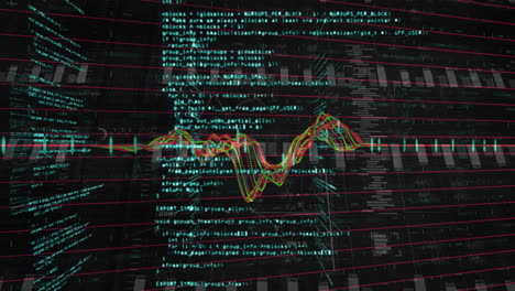 financial data and coding animation over fluctuating stock market graph