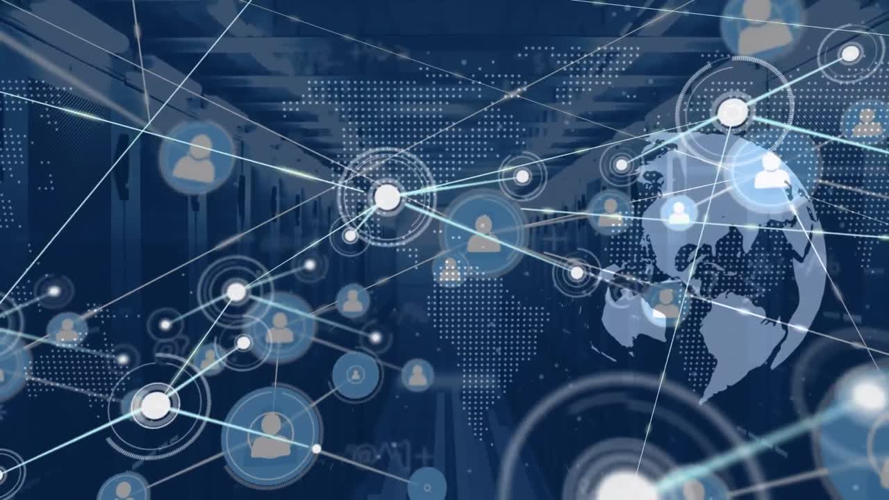 animación de la red de conexiones con iconos y procesamiento de datos sobre la sala de servidores