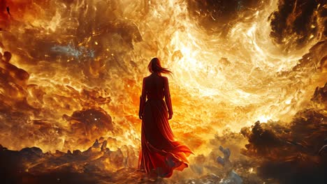 person surrounded by vibrant swirls of fire and water in surreal landscape