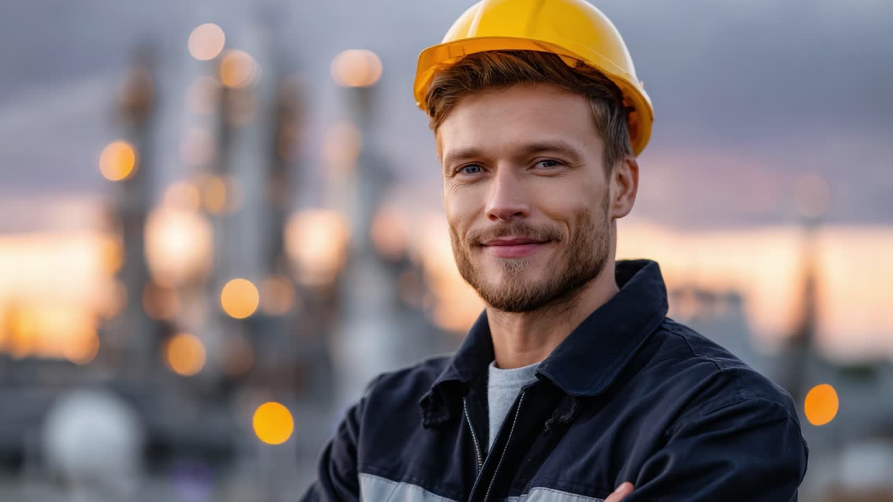 A confident male worker in safety gear smiles at the camera against an industrial backdrop, showcasing teamwork and professionalism in a dynamic work environment