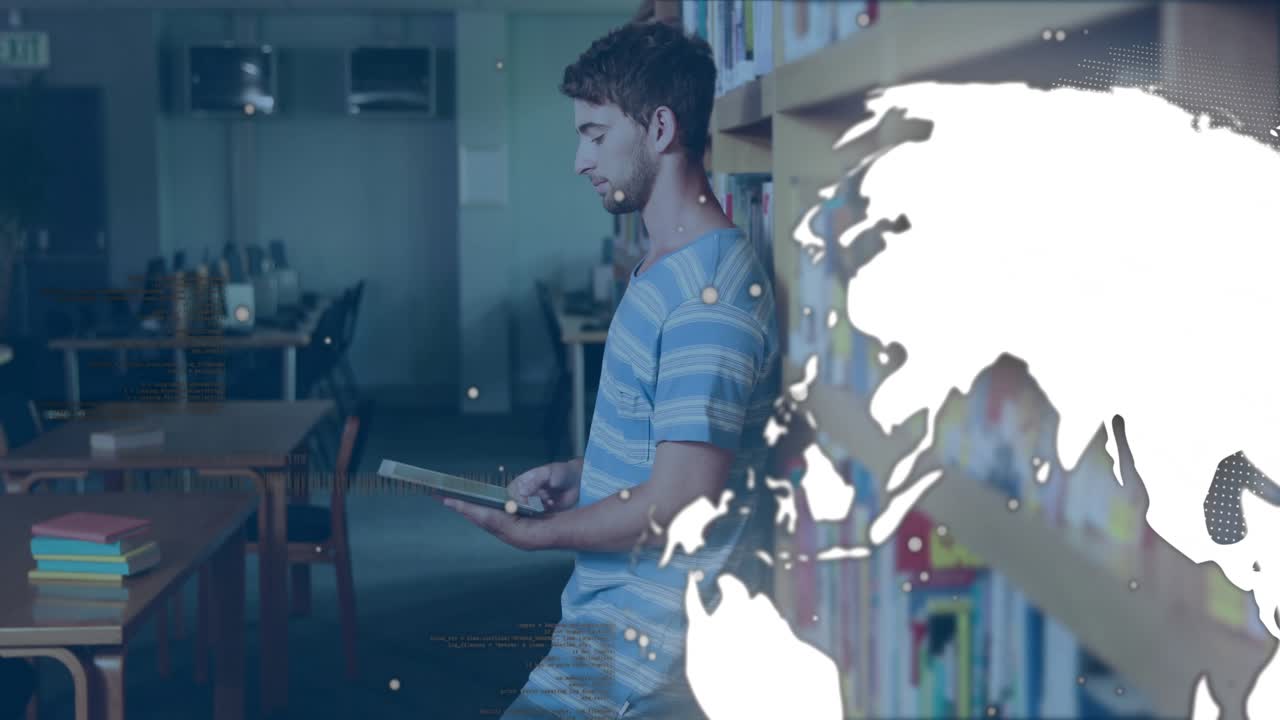 Vertical video: Man leaning swiping tablet and sparking globe passing over him for study in library