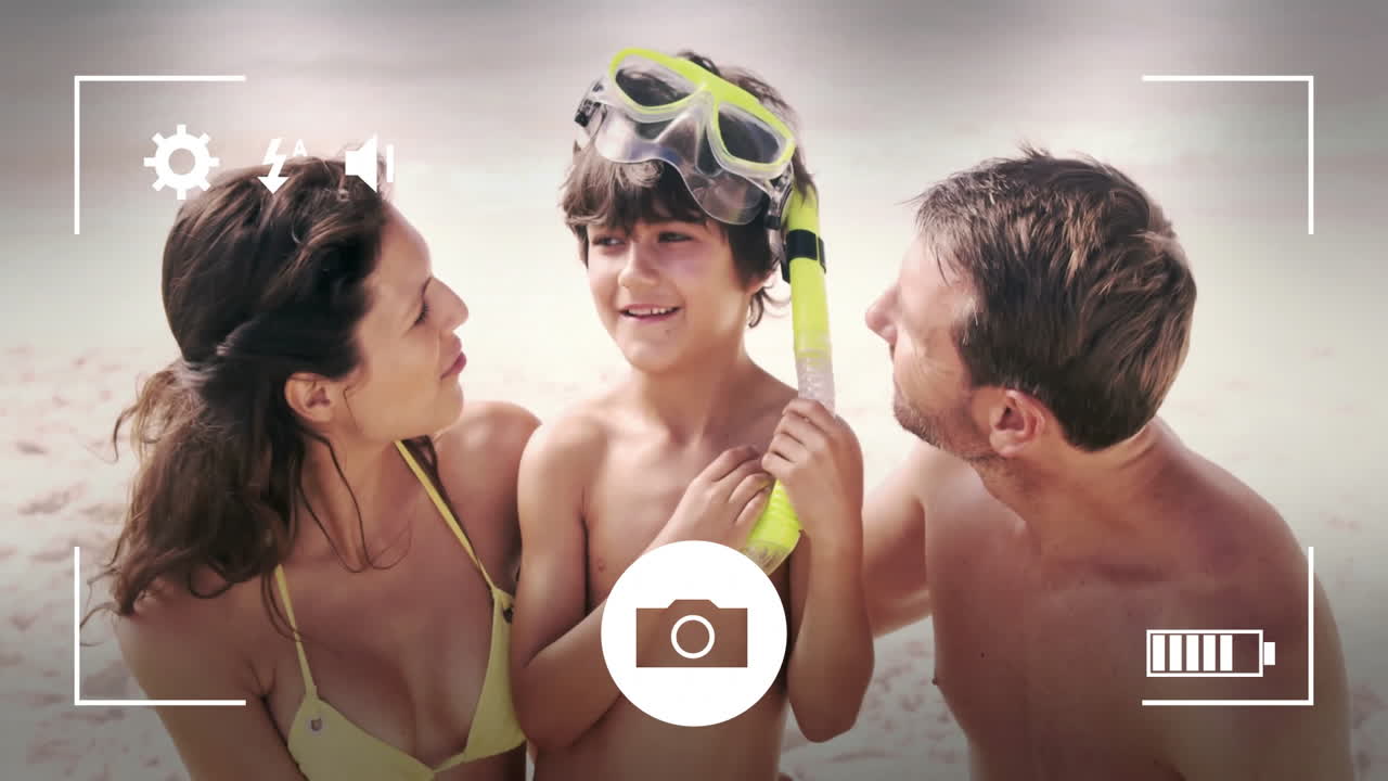 바가에서 고 있는 백인 가족 위의 카메라 화면의 애니메이션